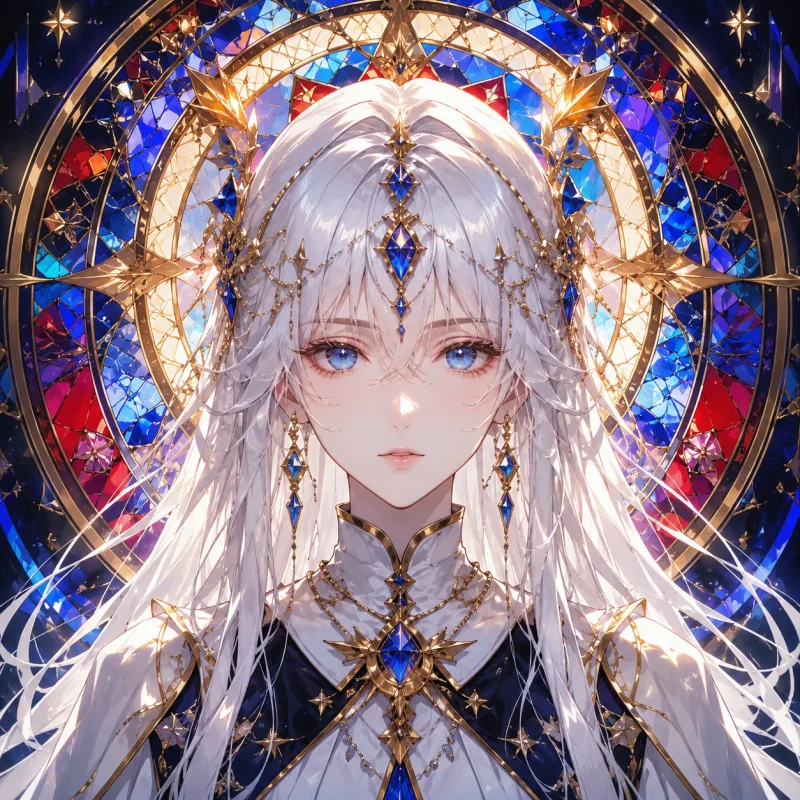 White-haired fantasy queen anime profile picture with stained glass