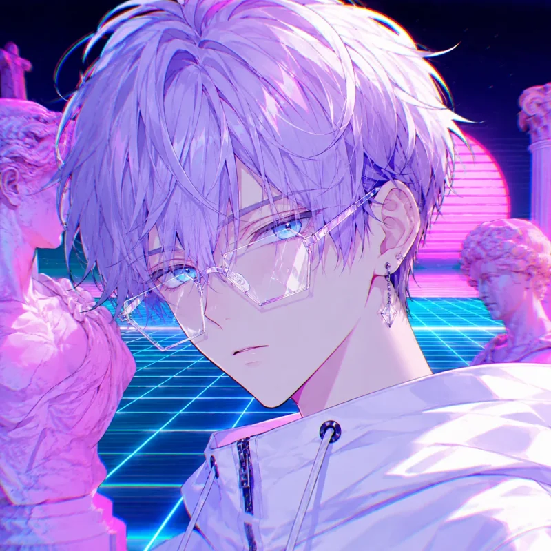 White-haired vaporwave anime boy profile picture