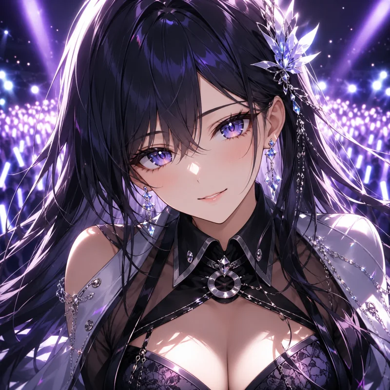 Violet-eyed anime idol profile picture on a glowing stage