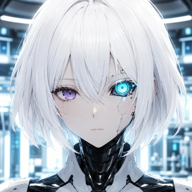 White-haired android anime profile picture with glowing blue eye
