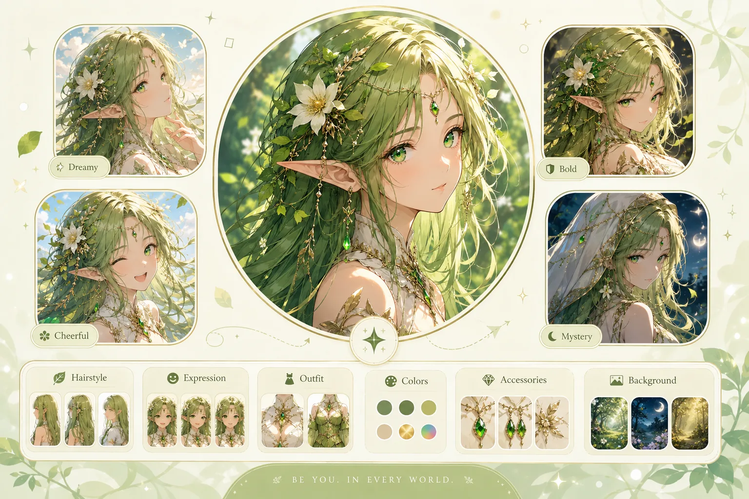 Green-haired elf profile picture variations from the LumeArt Anime PFP Maker
