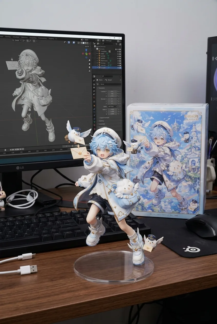 Anime action figure displayed beside its 3D model and packaging
