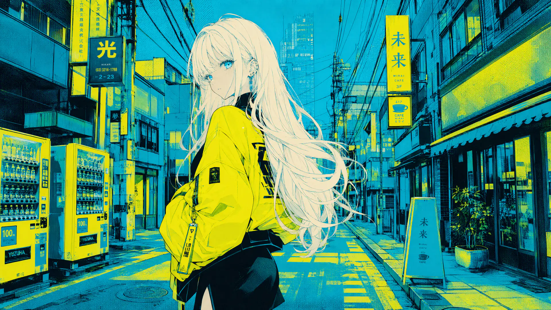 White-haired anime character in a yellow jacket created with the LumeArt Anime Character Generator