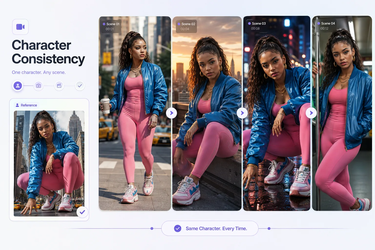 Seedance 2.0 character consistency across four scenes featuring the same woman