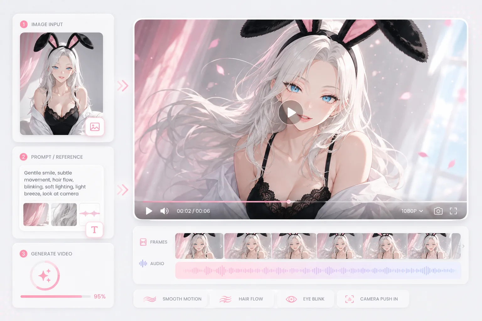 NSFW AI Video Generator workflow turning an adult anime image and prompt into a short video