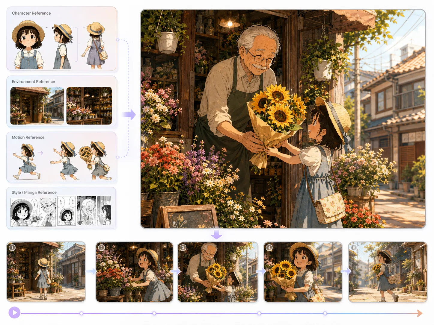 Anime story scene guided by character, environment, motion, and manga references in Seedance 2.5