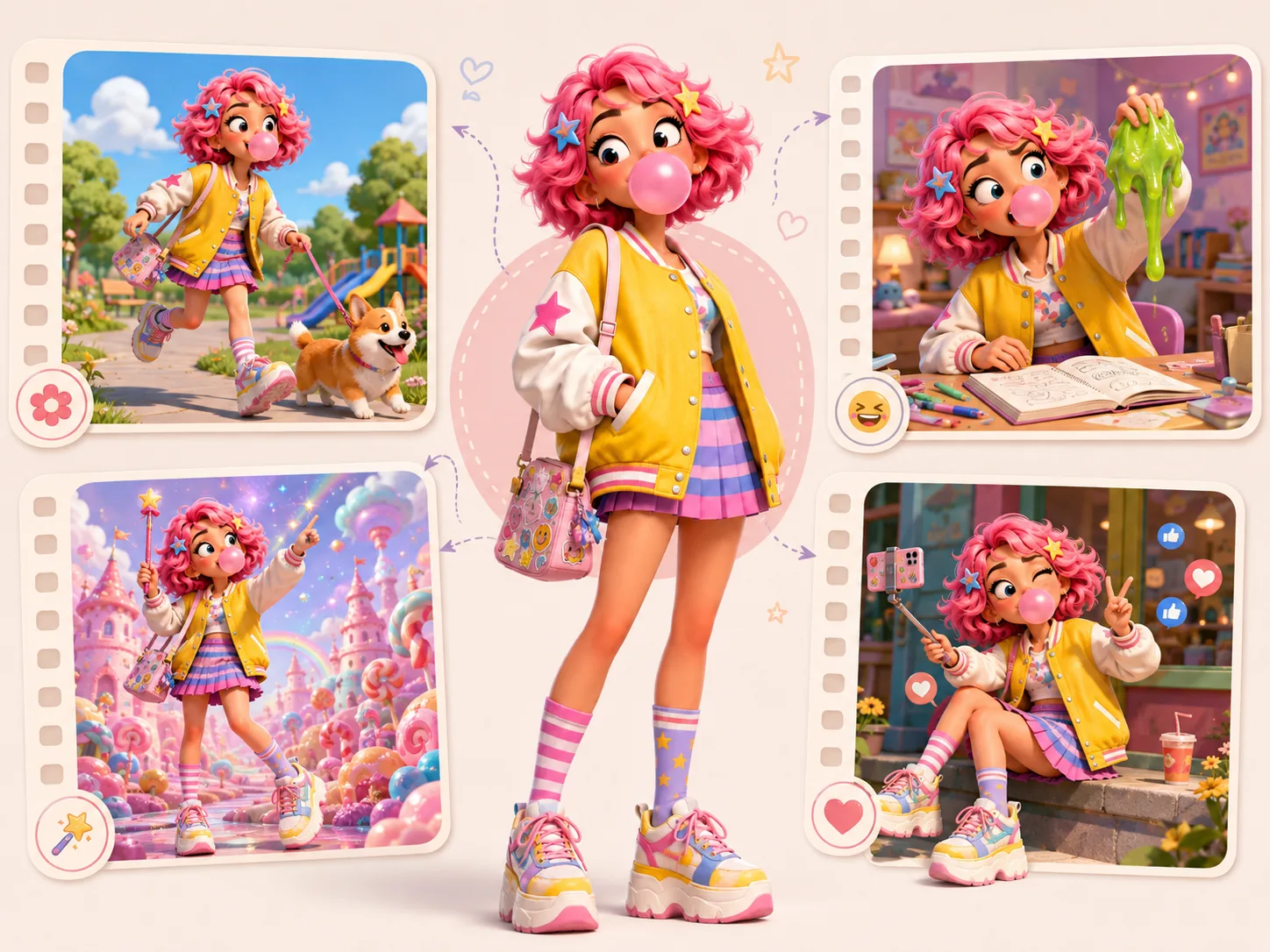 A recurring animated character appearing across connected Seedance 2.5 cartoon story scenes