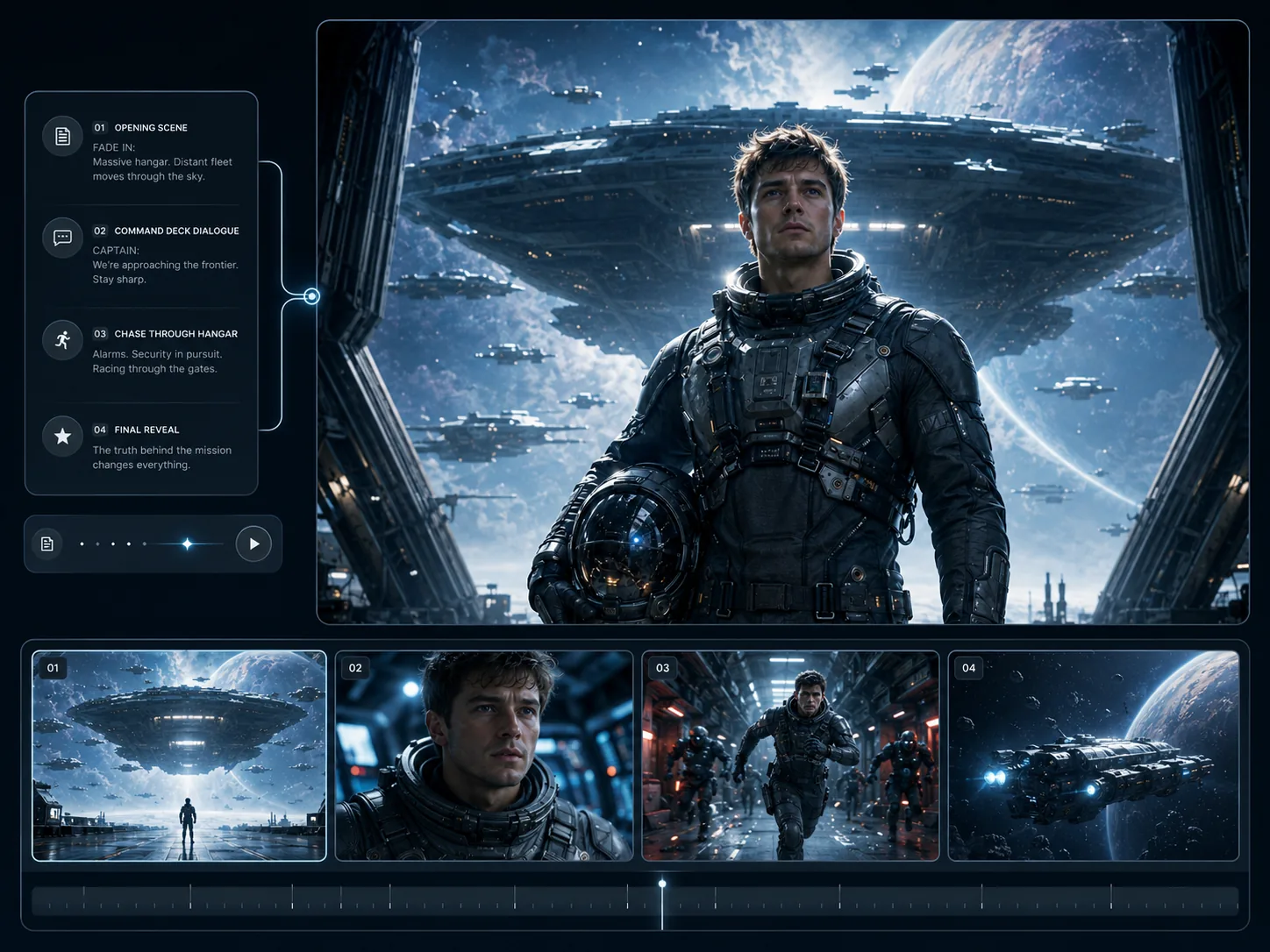 A cinematic science-fiction film sequence built from scripted story beats in Seedance 2.5