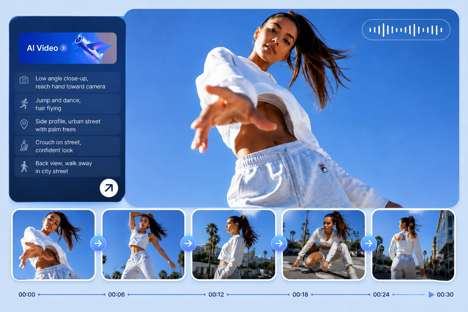 AI video storyboard showing a dancer progressing through multiple connected shots over 30 seconds