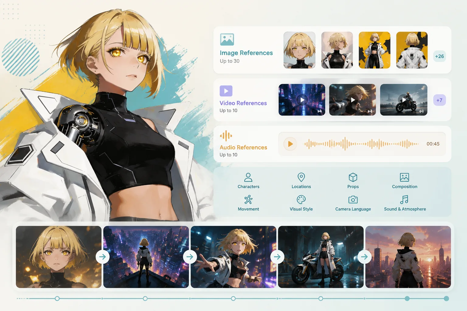 Image, video, and audio references directing a consistent anime character through connected scenes