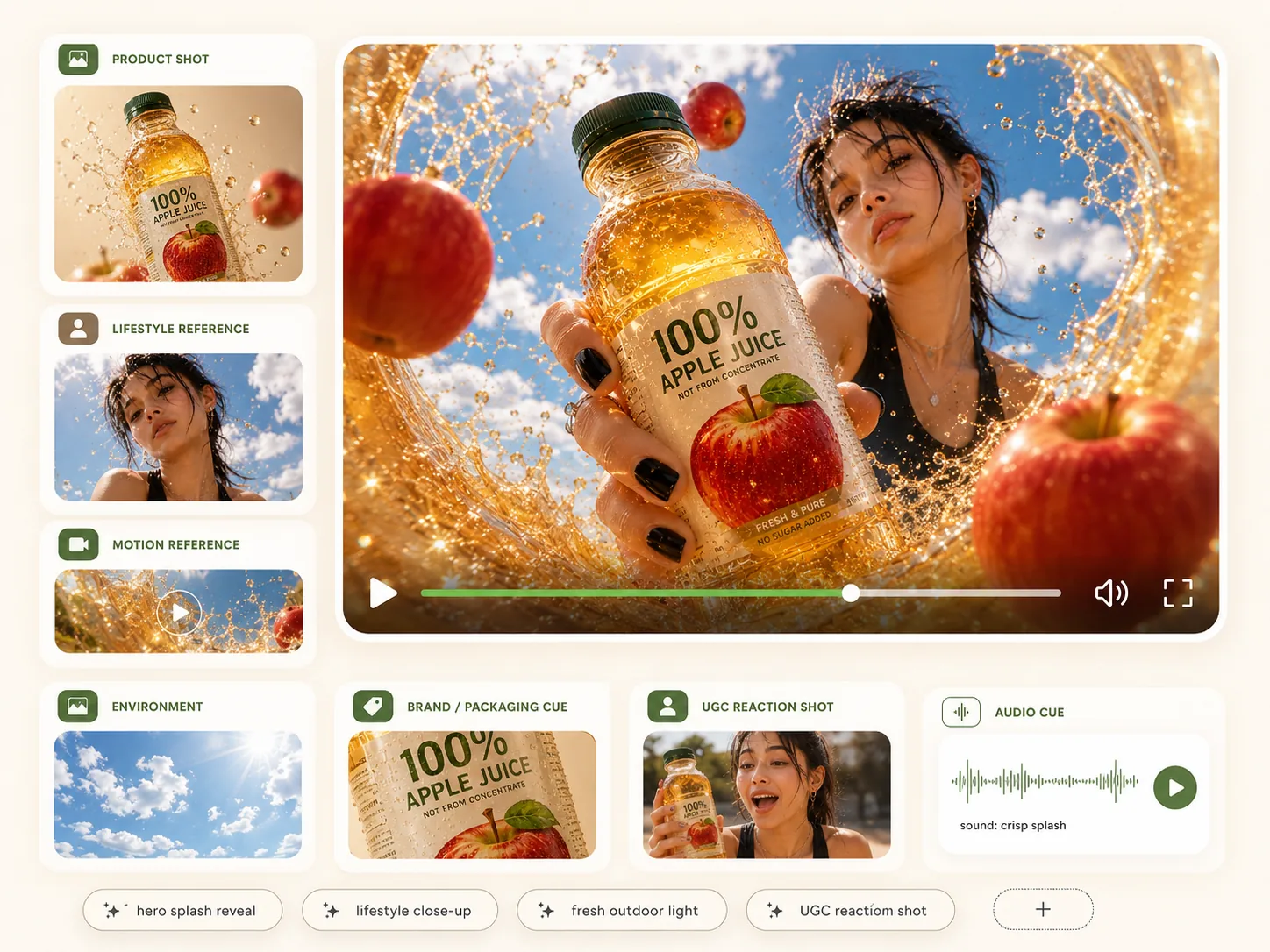 Product, lifestyle, motion, environment, packaging, and audio references guiding a Seedance 2.5 advertisement