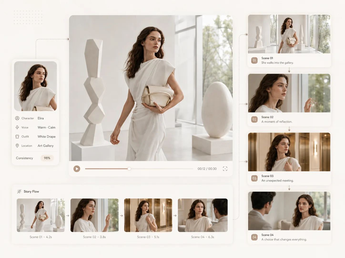 A recurring character kept consistent across four connected Seedance 2.5 short drama scenes