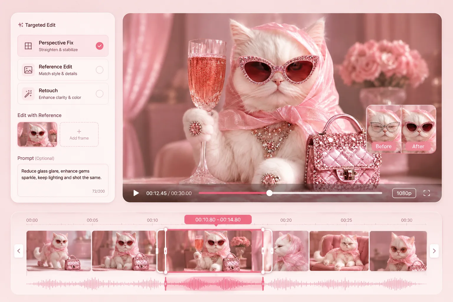 Targeted video editing interface refining one moment in a continuous pink cat sequence