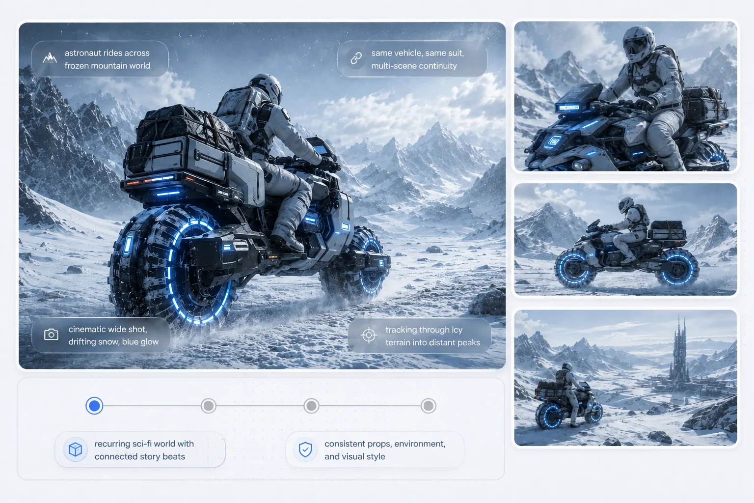 A recurring astronaut, vehicle, props, and frozen world kept consistent across connected sci-fi scenes