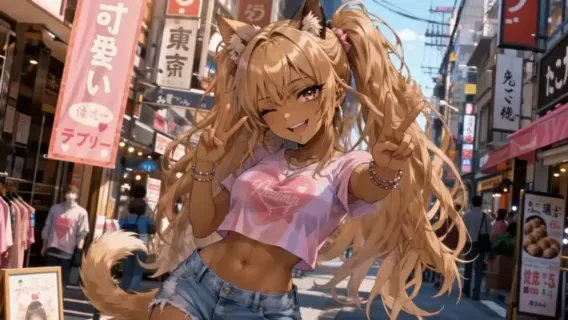 Anime heroine introduced on a bright city street